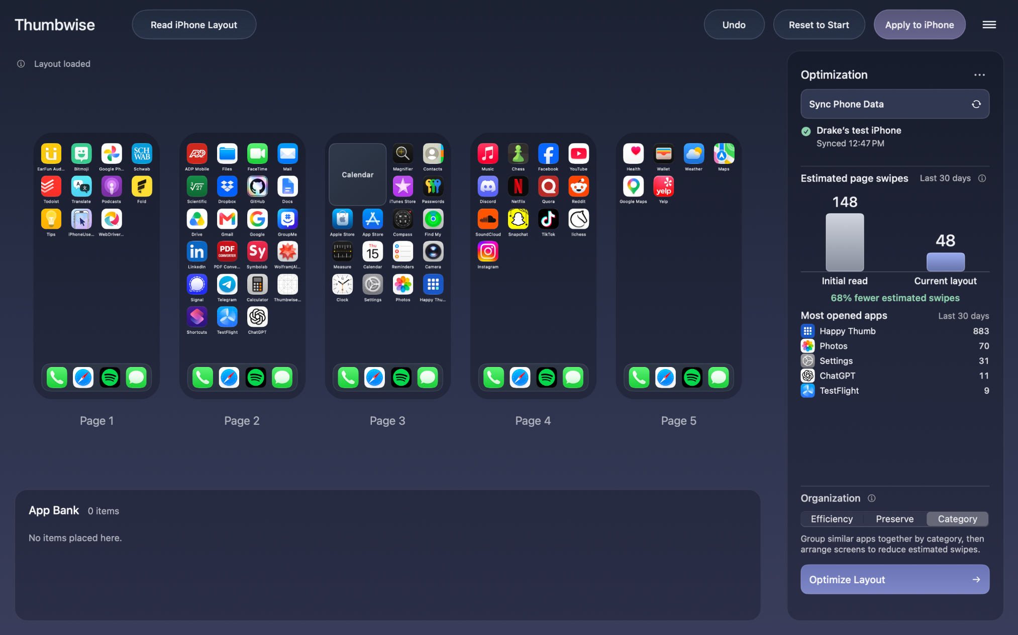Thumbwise on Mac showing five iPhone Home Screen pages, an App Bank and an Optimization panel.